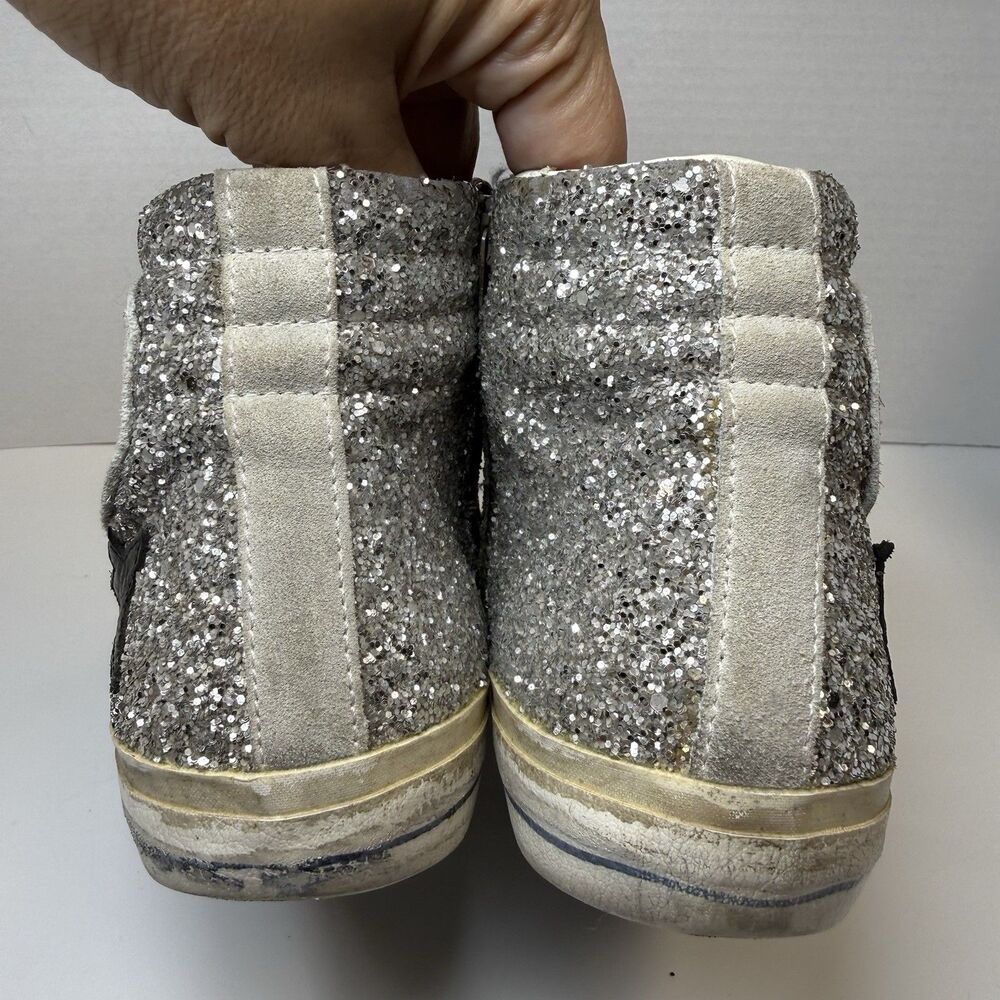 Golden Goose Slide Mid Top Leather Glitter Silver Black Sneakers Sz 8 - Picture 6 of 11